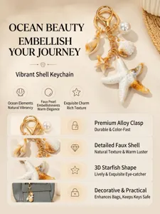 Detail views of a beach theme keychain with alloy clasp, faux pearl, and starfish charms