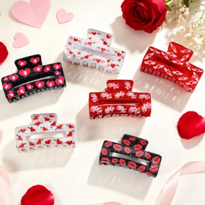 Pinza para el Cabello de Acrílico para el Día de San Valentín Corazón Rojo Labios Purpurina Pinza de Pelo Grande Accesorios para el Cabello Mujer Joyería de Moda