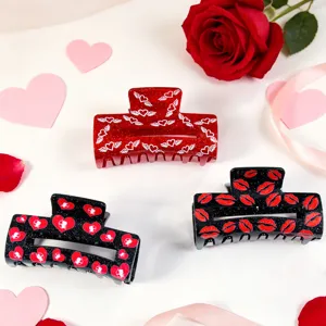 Pinzas rectangulares de acrílico de 8 cm para San Valentín con motivos de corazones y labios rojos.