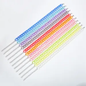 Detailed view of colorful transparent acrylic heart chain necklaces with metal extenders