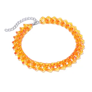 Orange transparent acrylic heart chain choker necklace with silver extension chain detail