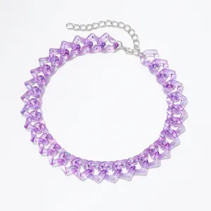 Close-up detail of the transparent purple heart acrylic choker necklace with metal chain.