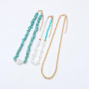 Boho turkoois steen en parel kralen gelaagde ketting set, mode resort stijl choker sieraden.