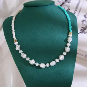 Boheemse turquoise en barok parel kralen ketting choker voor vrouwen mode sieraden detailweergave.