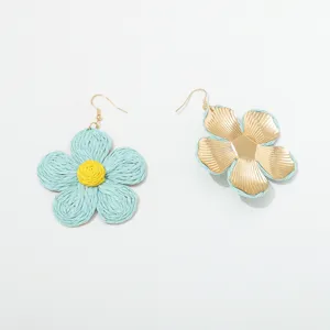 Gevlochten raffia bloem oorbellen boho stijl gouden metaal hangende oorbellen dames