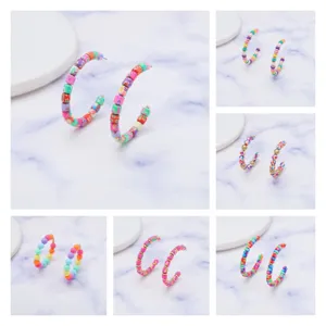 Handgemaakte Polymeerklei Kralen Oorbellen C-vormige Boheemse Etnische Stijl Regenboog Kralen Creolen Met 925 Zilver Stift Voor Dames
