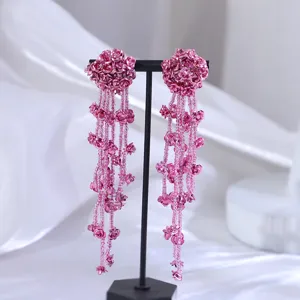 Retro pink flower tassel earrings, chic beaded metal long drop jewelry for women daily wear.