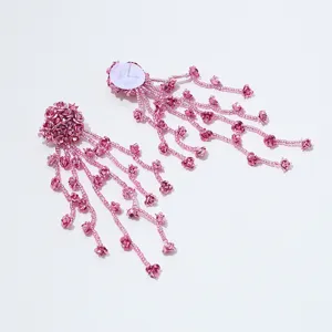 Pink beaded flower fringe earrings vintage style statement accessories for women daily wear