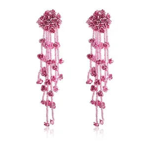 Chic pink rose flower long dangling earrings with delicate beaded strands for women fashion.