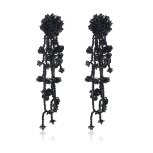 Chic black beaded floral long tassel earrings, retro European style statement jewelry for women.
