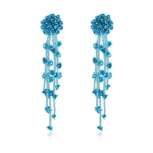 Blue flower tassel earrings detail, intricate beaded dangling design for women party wear