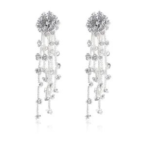 Silver floral beaded tassel earrings, retro long design, chic metal seed bead jewelry.