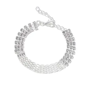 Zilverkleurige meerrijige strass kristal mode armband met veilige karabijnsluiting ketting.