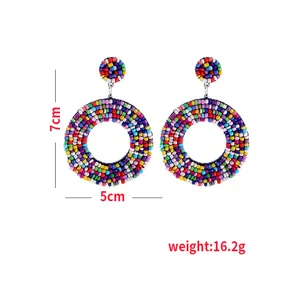 Bohemian colorful beaded round hoop earrings, handmade resin bead drop earrings for women.