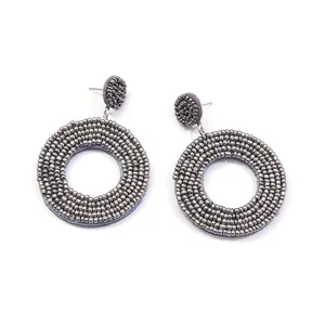 Handmade beaded round drop earrings for women bohemian vintage resin bead circle jewelry detail