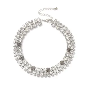 Detailed view of the multi-row crystal rhinestone choker necklace with shiny silver chain.