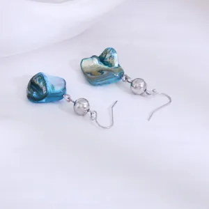 Blauwe unieke schelp steen oorbellen met zilveren metalen kralen elegante mode sieraden