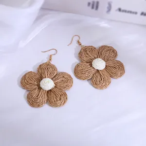 Boho Stro Gevlochten Bloem Oorhangers Handgemaakte Zonnebloem Sieraden Voor Dames Mode
