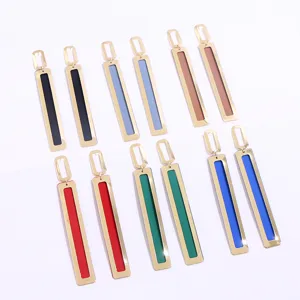 Geometric long strip metal drop earrings for women, minimalist double layer design for daily wear.