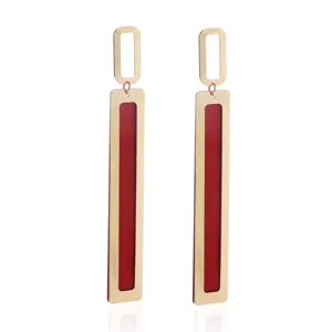 Elegant long geometric drop earrings featuring a gold hollow top and red inset bar design.