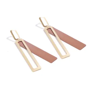 Geometric long drop earrings for women, featuring hollow double-layer design in gold and brown.