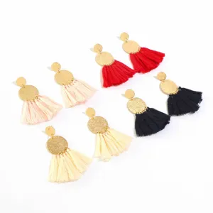 Bohemian long tassel earrings with gold textured round studs in multiple vibrant colors.