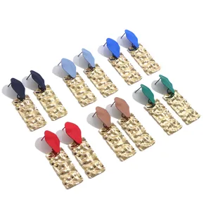 Korean vintage matte metal drop earrings with textured gold rectangle pendants in multicolors.