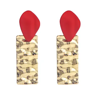 Gold and red geometric long drop earrings with a unique matte and hammered texture for women.