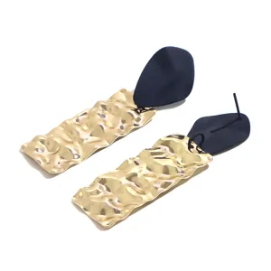 Korean style retro metal matte black and gold textured long drop earrings, fashion handmade jewelry.