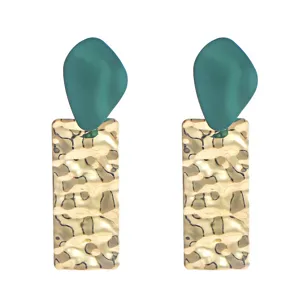 Chic geometric dangle earrings featuring a matte green top and hammered gold rectangle.
