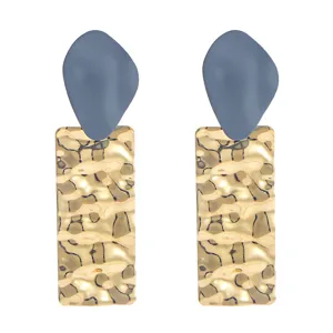 Chic geometric long earrings featuring a blue matte top and gold textured drop for stylish women.
