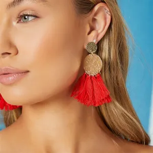 Bohemian Retro Ethnic Alloy Hammered Disc Tassel Dangle Earrings Vintage Multi Color Long Fringe Drop Earrings For Women Jewelry Gift