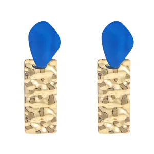 Detailed view of trendy Korean-style blue matte and hammered gold long geometric earrings.