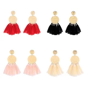 Bohemian tassel drop earrings for women, retro long gold metal disc fringe ear jewelry.