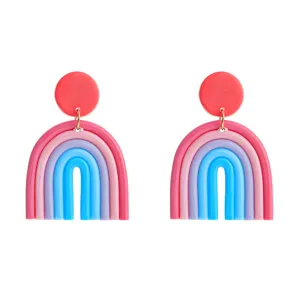 Bohemian polymer clay rainbow earrings, colorful geometric U-shaped handmade earrings.