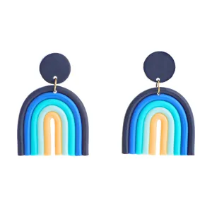 Handmade polymer clay rainbow earrings with U-shaped geometric design and chic color mix.
