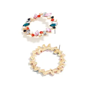 Stylish vintage colorful crystal rhinestone hoop earrings for women, geometric gold metal.