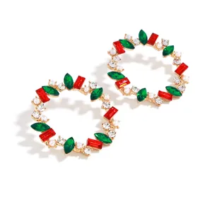 Vintage Christmas Wreath Hoop Earrings Gold Red Green Rhinestone Crystal Pearl Jewelry