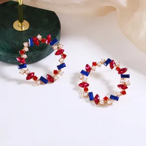 Vintage Geometric Rhinestone Round Stud Earrings For Women Colorful Alloy Artificial Pearl Wreath Earrings Fashion Jewelry