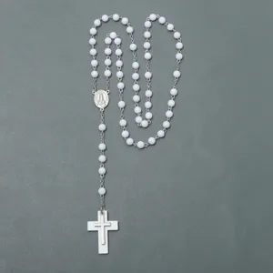 White bead rosary necklace with cross pendant and religious medal, prayer beads jewelry.