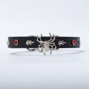 Gedetailleerd overzicht van de gotische zwarte lederen spinnenchoker met rode kristallen.