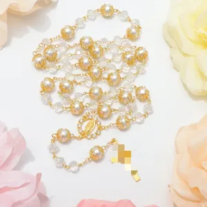 Gouden rozenkrans ketting met 10mm glas parels kristal kralen en kruis hanger doop sieraden