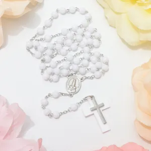 Vintage white bead rosary necklace for women, religious cross prayer beads long sweater chain.