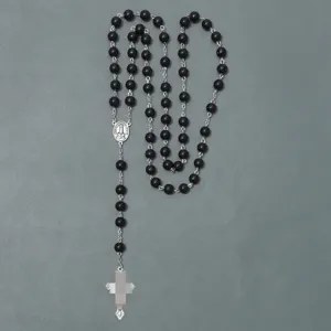 8mm zwarte glasparel rozenkrans ketting met zilveren metalen ketting en kruis voor gebed.