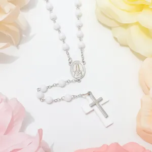 Vintage white bead religious rosary necklace featuring cross pendant and elegant sweater chain.