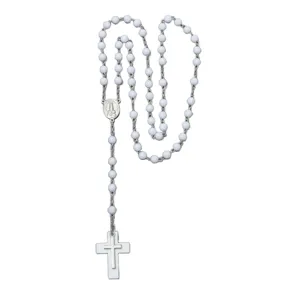 White bead rosary necklace for women with cross pendant, 6mm prayer beads long sweater chain.