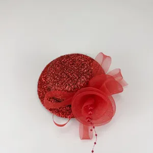 Red glitter mini fascinator hat detail, mesh bow and rose flower hair clip for party events.