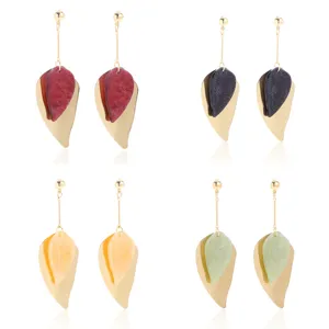 Zoete Dubbellaagse Blad Oorknopjes Voor Dames Morandi Kleur Minimalistisch Metaal Kunststof Botanische Planten Sieraden Cadeau Lange Hangende Oorbellen