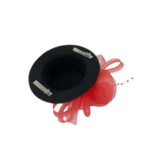 Mini top hat hair clip with red mesh veil, elegant party hair accessory for women and girls.