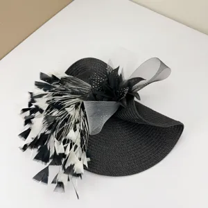 Elegant black and white feather fascinator hat mesh hair accessory for women travel photography